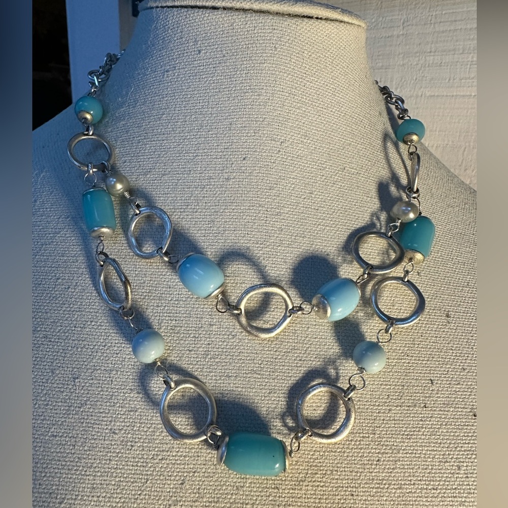 Blue glass bead matte silvertone artisan style necklace